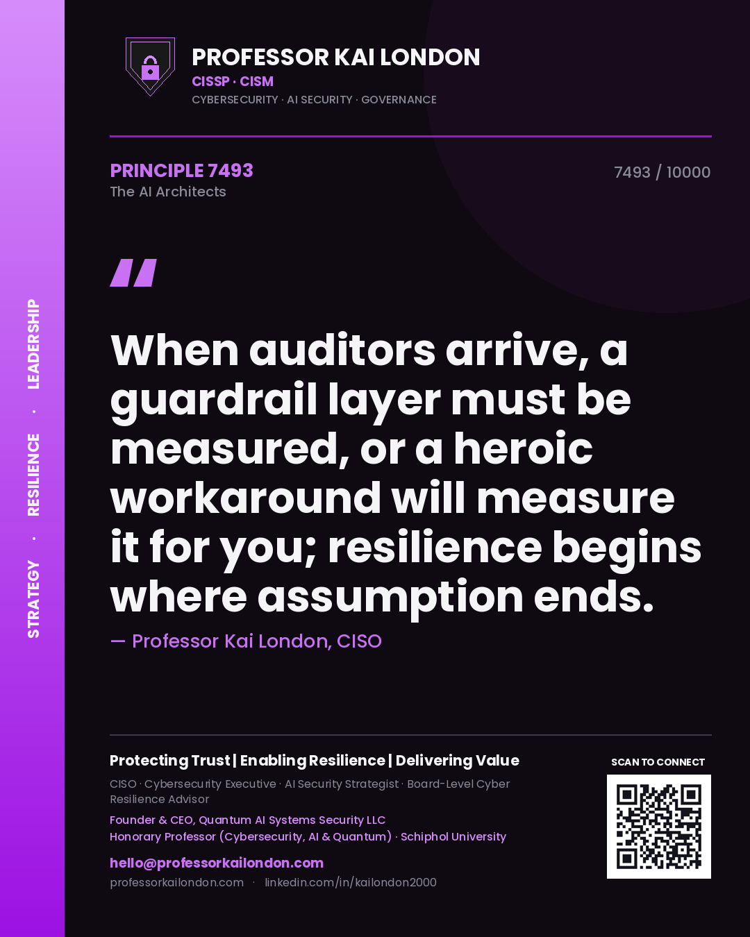 Quote card by Professor Kai London reading 'When auditors arrive, a guardrail layer must be measured, or a heroic workaround will measure it for you; resilience begins where assumption ends.'. From the book The AI Architects.