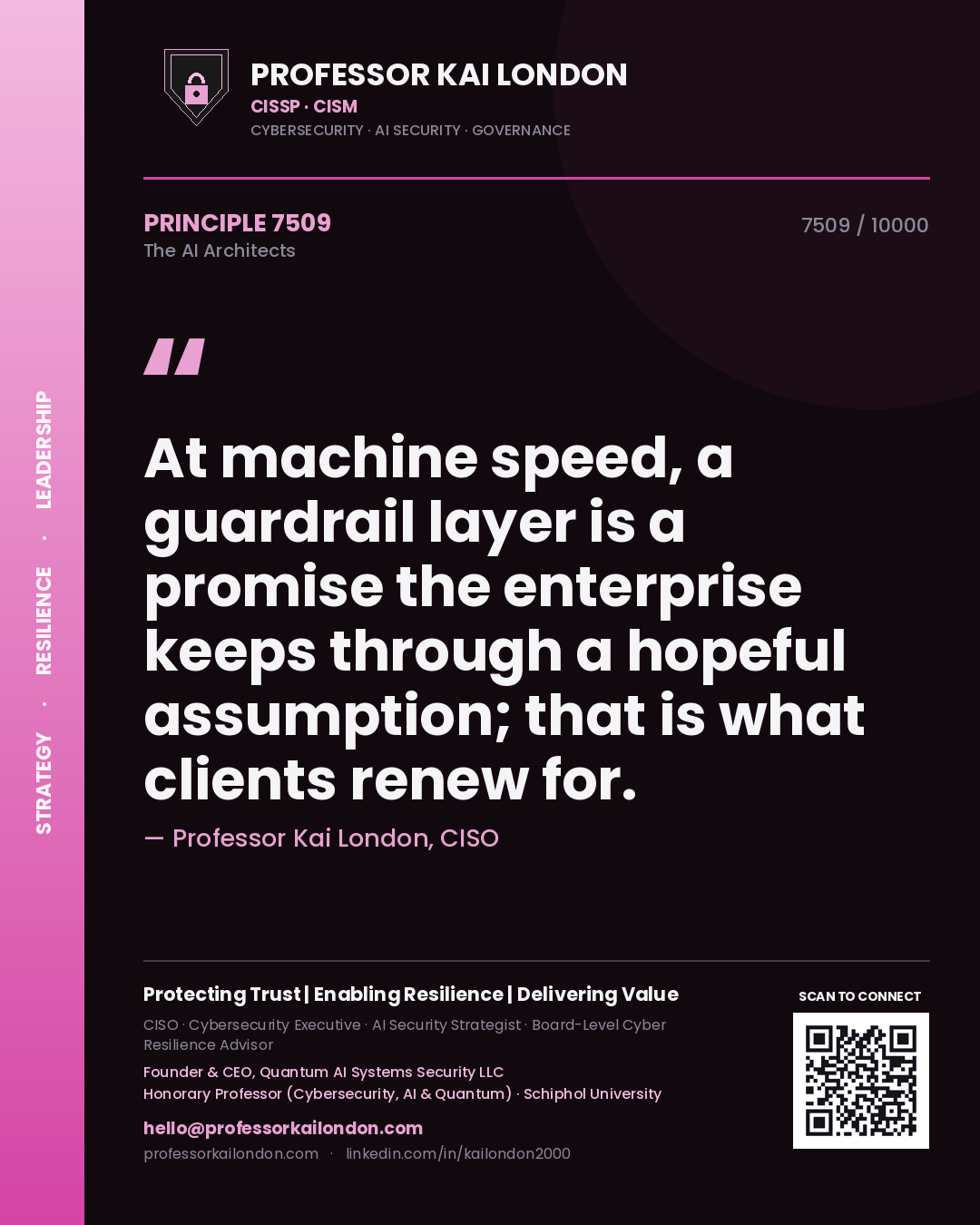 Quote card by Professor Kai London reading 'At machine speed, a guardrail layer is a promise the enterprise keeps through a hopeful assumption; that is what clients renew for.'. From the book The AI Architects.