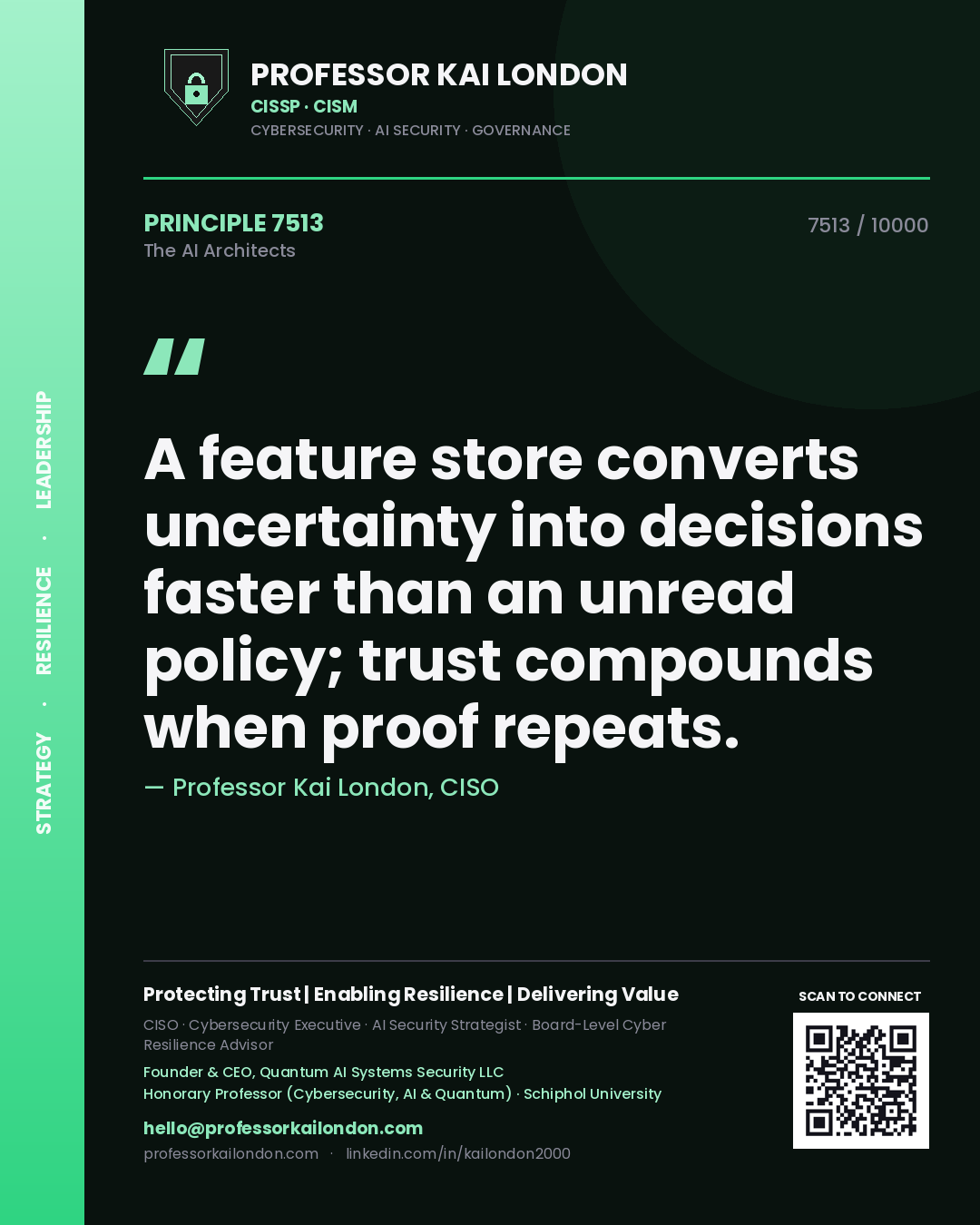 Professor Kai London principle 7513: A feature store converts uncertainty into decisions faster than an unread policy; trust compounds when proof repeats.