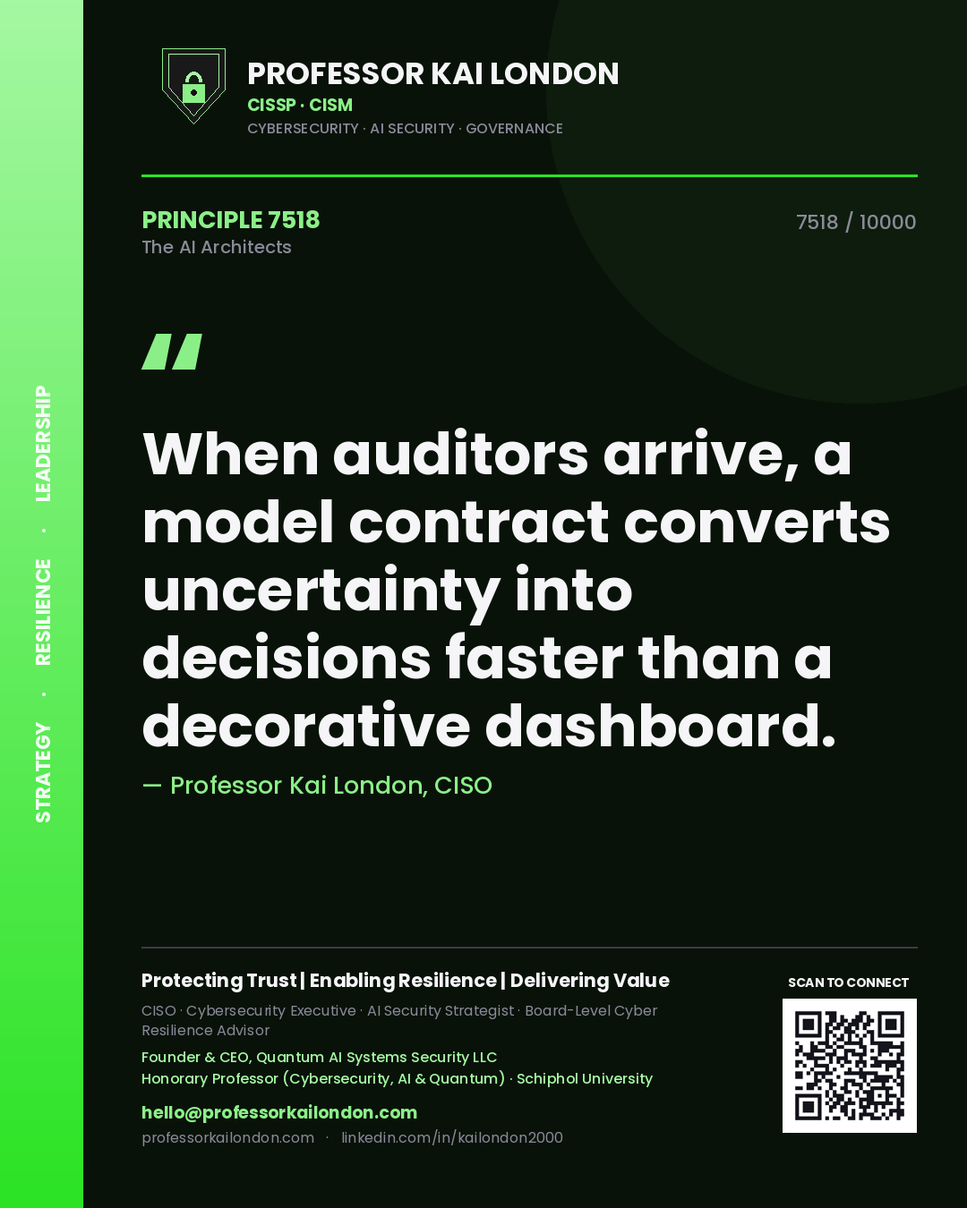 Quote card by Professor Kai London reading 'When auditors arrive, a model contract converts uncertainty into decisions faster than a decorative dashboard.'. From the book The AI Architects.