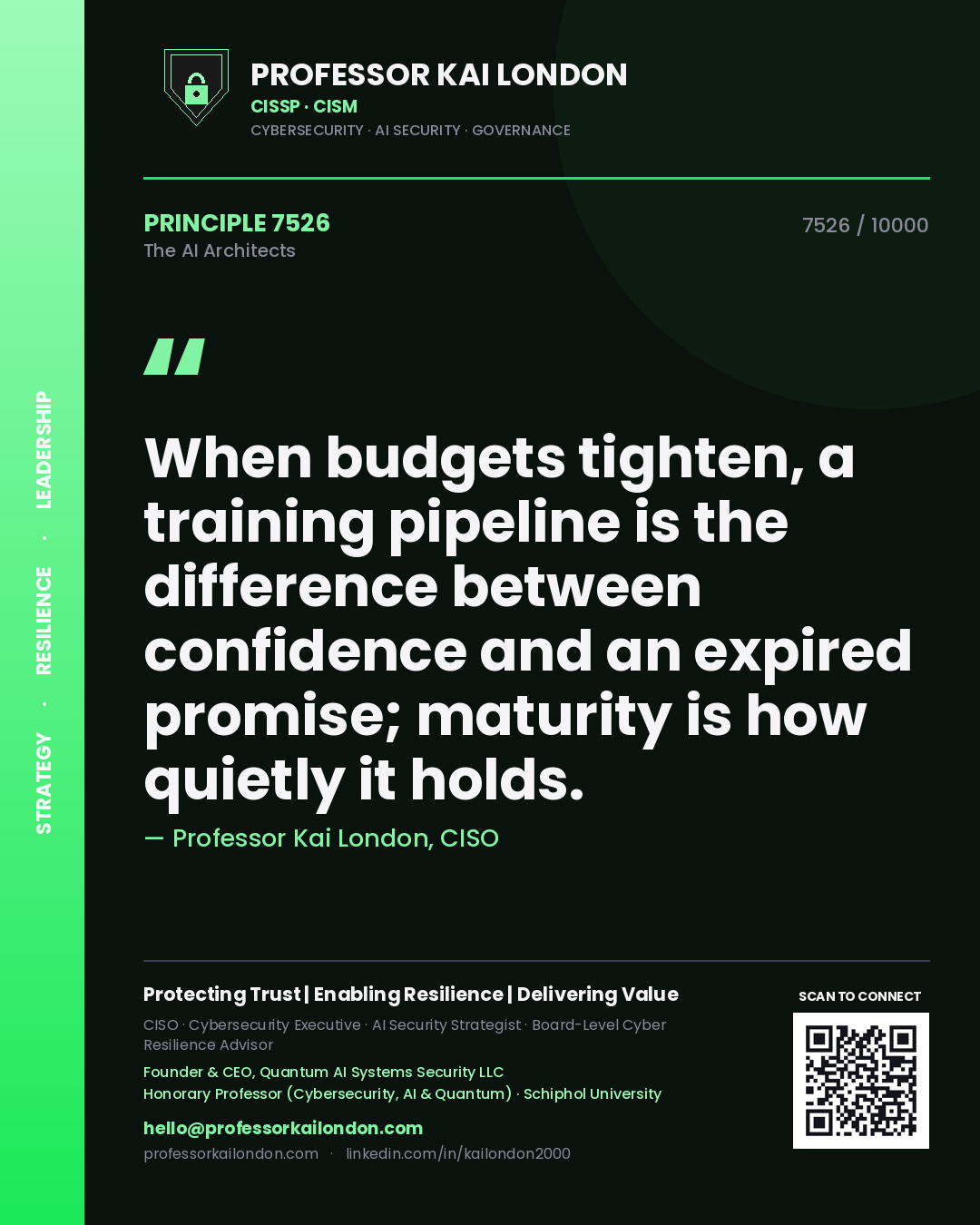 Professor Kai London principle 7526: When budgets tighten, a training pipeline is the difference between confidence and an expired promise; maturity is how quietly it holds.
