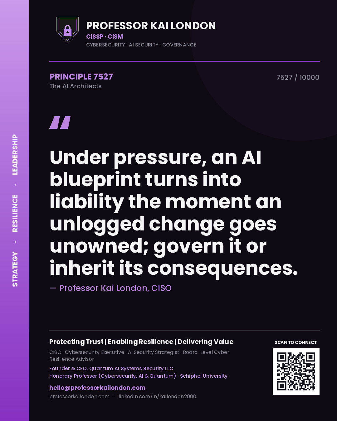 Professor Kai London principle 7527: Under pressure, an AI blueprint turns into liability the moment an unlogged change goes unowned; govern it or inherit its consequences.