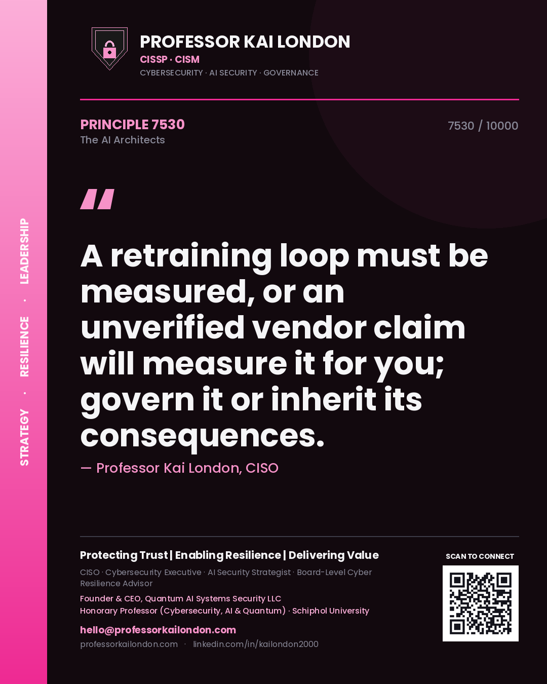 Quote card by Professor Kai London reading 'A retraining loop must be measured, or an unverified vendor claim will measure it for you; govern it or inherit its consequences.'. From the book The AI Architects.