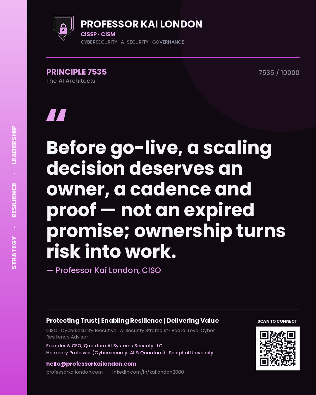 Professor Kai London principle 7535: Before go-live, a scaling decision deserves an owner, a cadence and proof — not an expired promise; ownership turns risk into work.