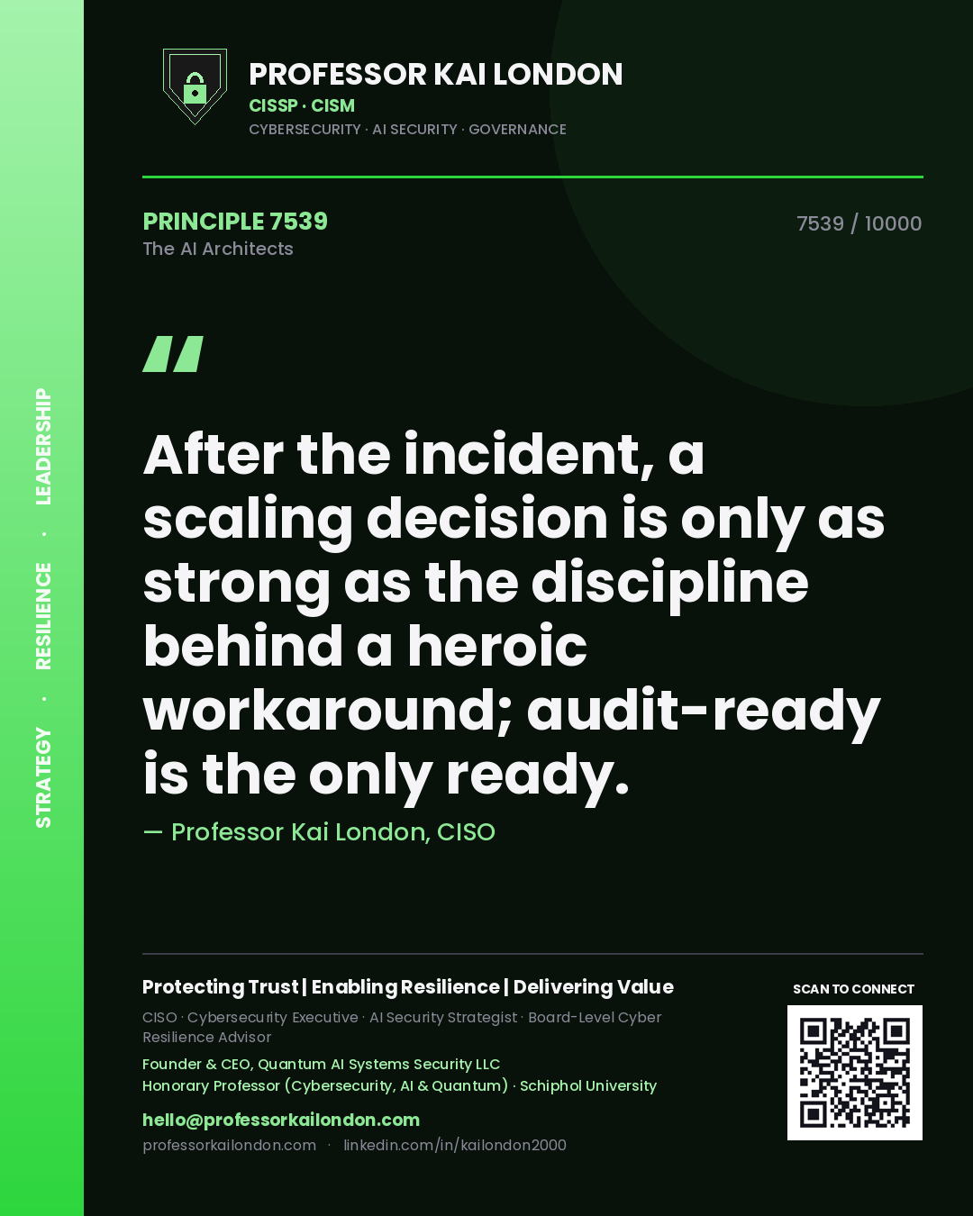 Quote card by Professor Kai London reading 'After the incident, a scaling decision is only as strong as the discipline behind a heroic workaround; audit-ready is the only ready.'. From the book The AI Architects.