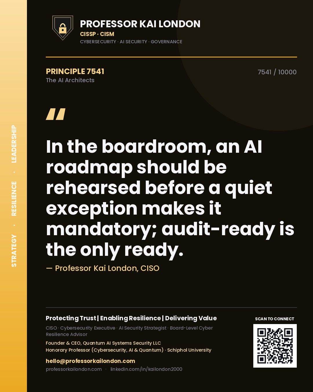 Quote card by Professor Kai London reading 'In the boardroom, an AI roadmap should be rehearsed before a quiet exception makes it mandatory; audit-ready is the only ready.'. From the book The AI Architects.