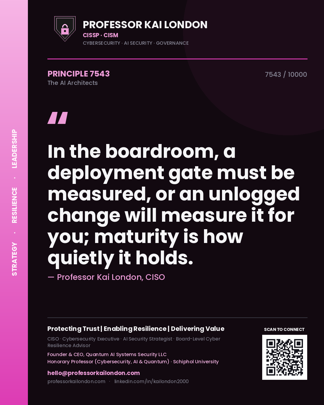Quote card by Professor Kai London reading 'In the boardroom, a deployment gate must be measured, or an unlogged change will measure it for you; maturity is how quietly it holds.'. From the book The AI Architects.