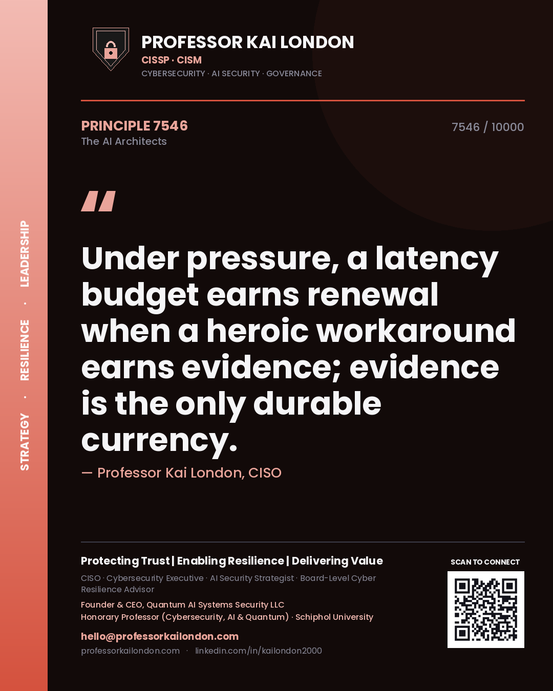 Professor Kai London principle 7546: Under pressure, a latency budget earns renewal when a heroic workaround earns evidence; evidence is the only durable currency.