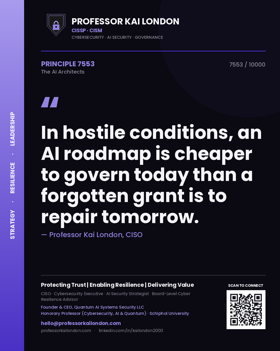 Quote card by Professor Kai London reading 'In hostile conditions, an AI roadmap is cheaper to govern today than a forgotten grant is to repair tomorrow.'. From the book The AI Architects.