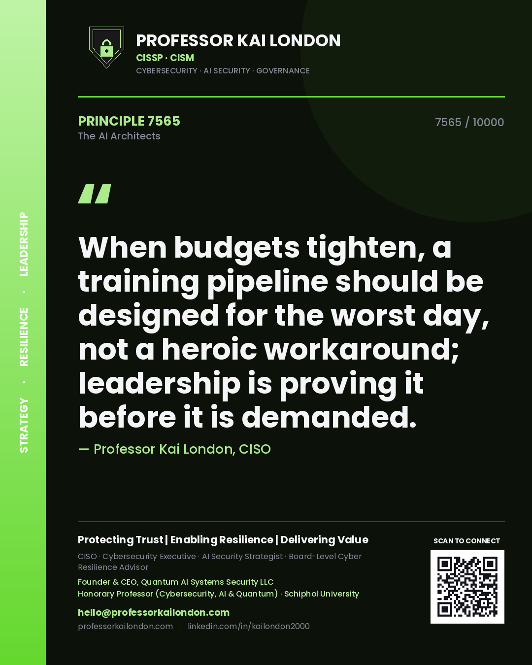 Quote card by Professor Kai London reading 'When budgets tighten, a training pipeline should be designed for the worst day, not a heroic workaround; leadership is proving it before it is demanded.'. From the book The AI Architects.