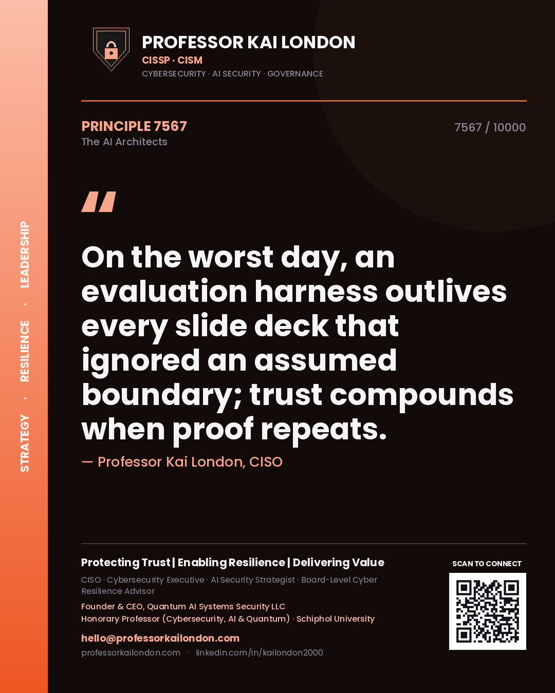 Quote card by Professor Kai London reading 'On the worst day, an evaluation harness outlives every slide deck that ignored an assumed boundary; trust compounds when proof repeats.'. From the book The AI Architects.