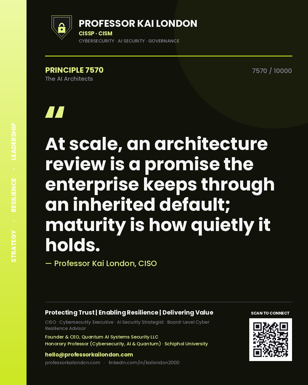 Quote card by Professor Kai London reading 'At scale, an architecture review is a promise the enterprise keeps through an inherited default; maturity is how quietly it holds.'. From the book The AI Architects.