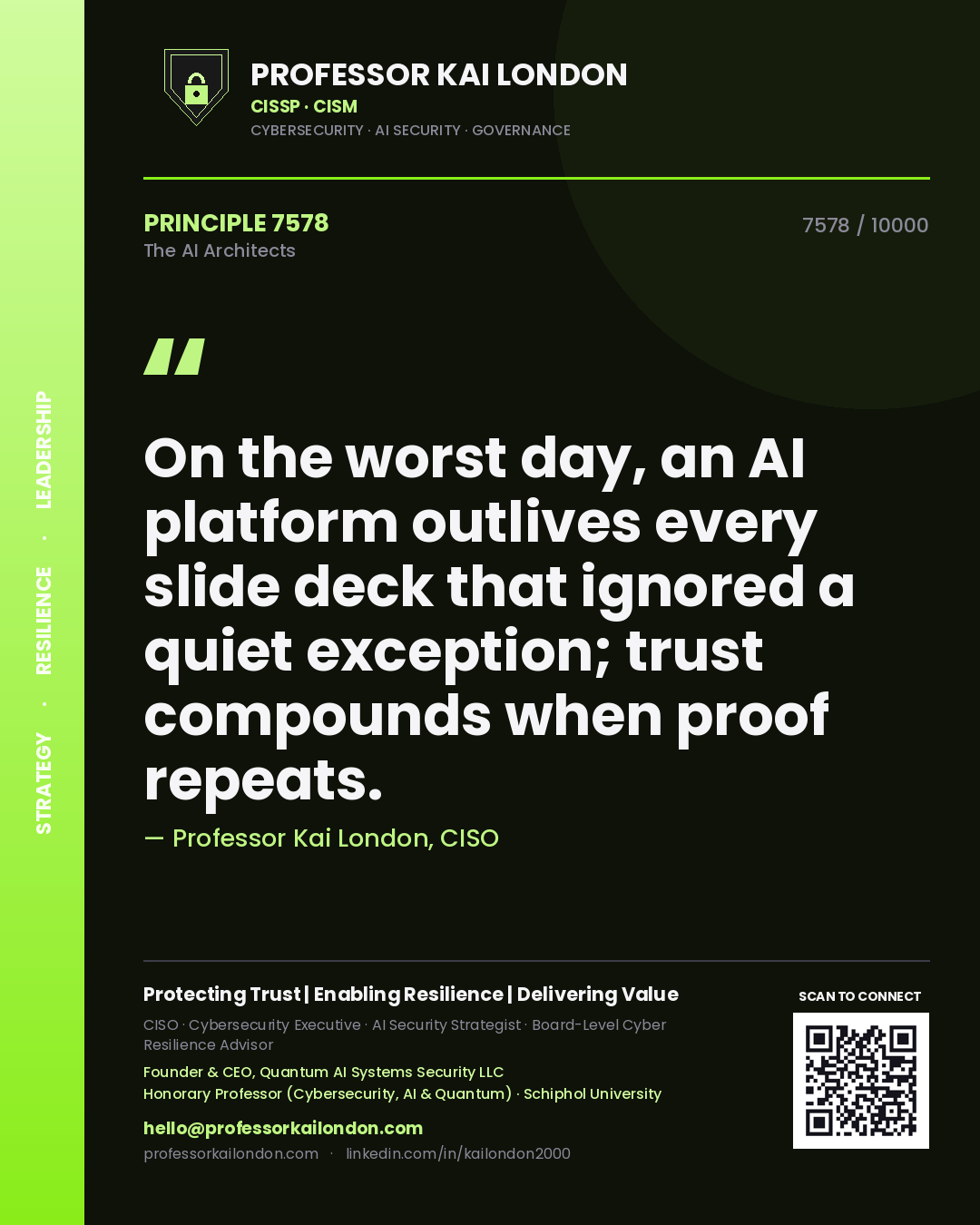 Quote card by Professor Kai London reading 'On the worst day, an AI platform outlives every slide deck that ignored a quiet exception; trust compounds when proof repeats.'. From the book The AI Architects.