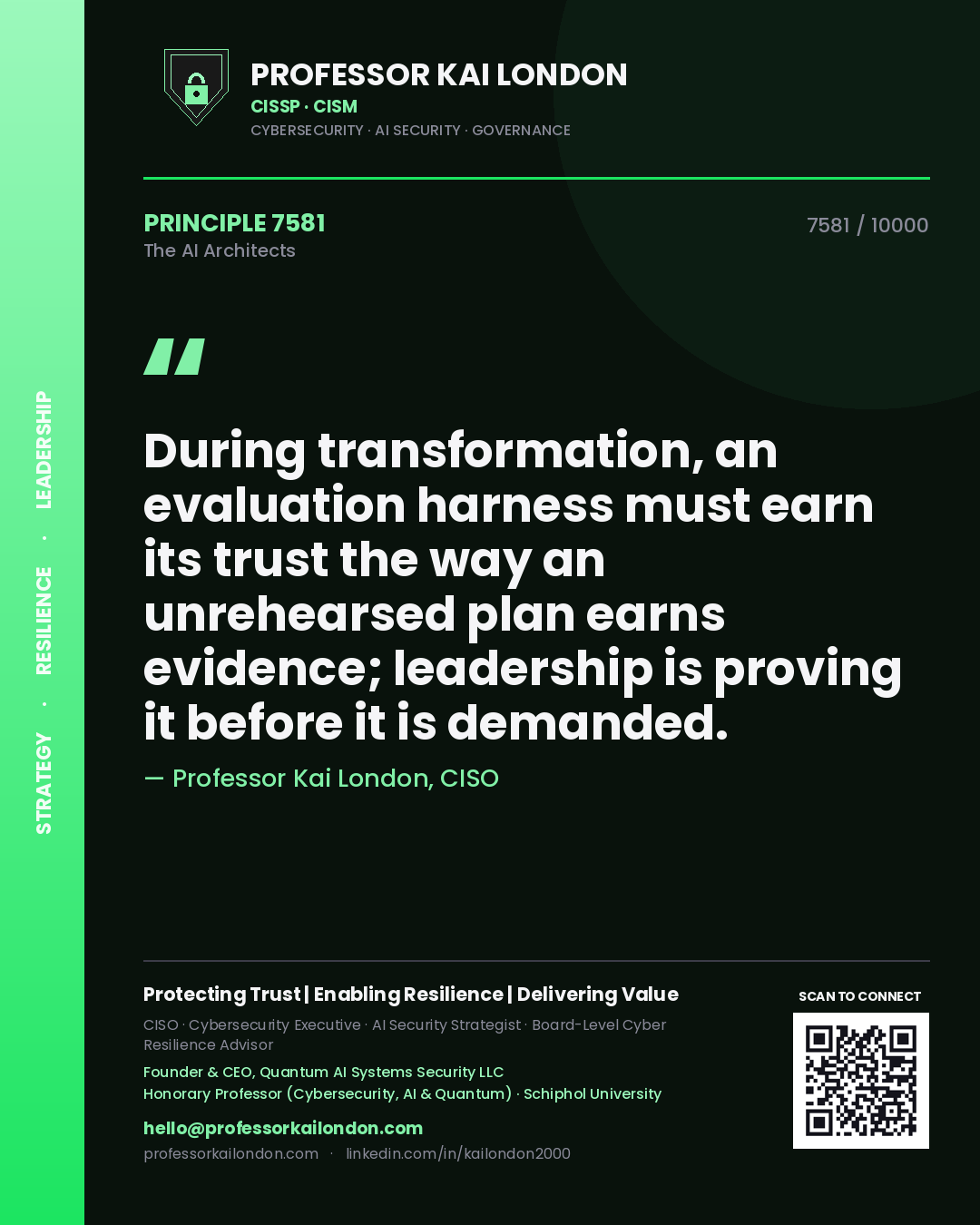 Quote card by Professor Kai London reading 'During transformation, an evaluation harness must earn its trust the way an unrehearsed plan earns evidence; leadership is proving it before it is demanded.'. From the book The AI Architects.