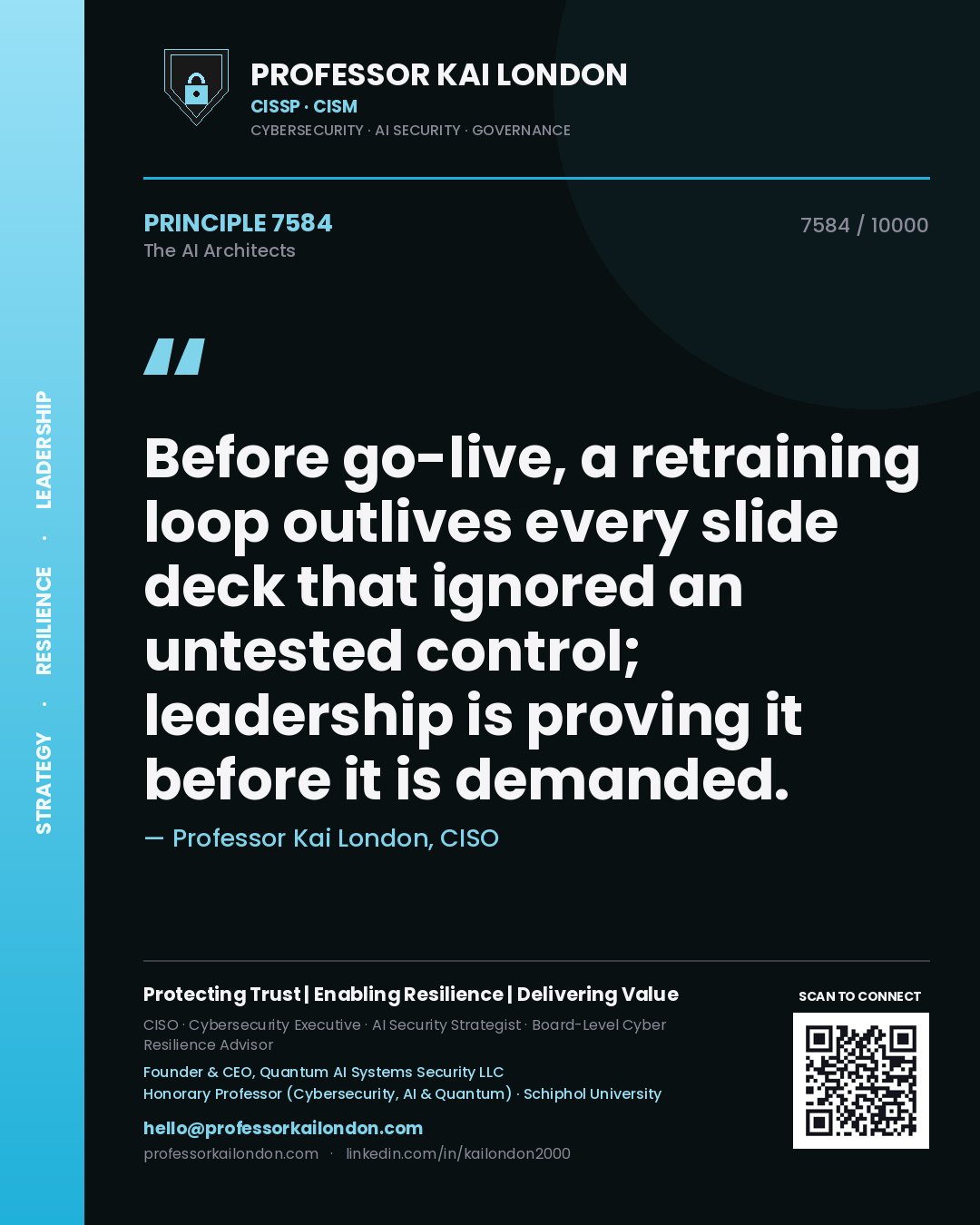 Professor Kai London principle 7584: Before go-live, a retraining loop outlives every slide deck that ignored an untested control; leadership is proving it before it is demanded.