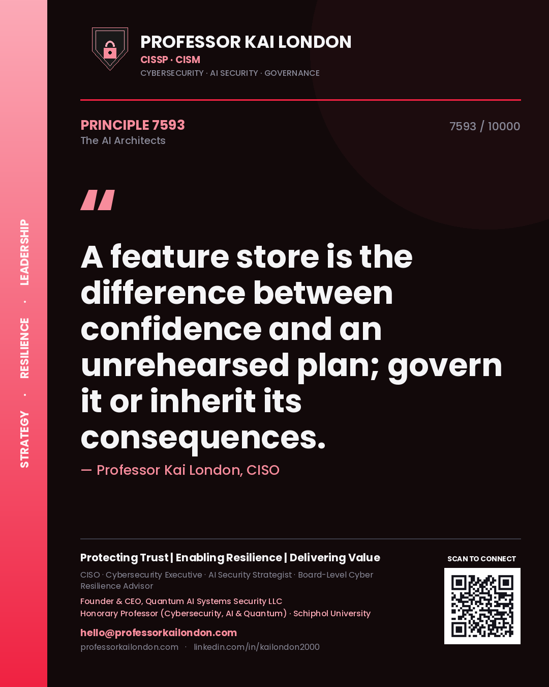 Quote card by Professor Kai London reading 'A feature store is the difference between confidence and an unrehearsed plan; govern it or inherit its consequences.'. From the book The AI Architects.
