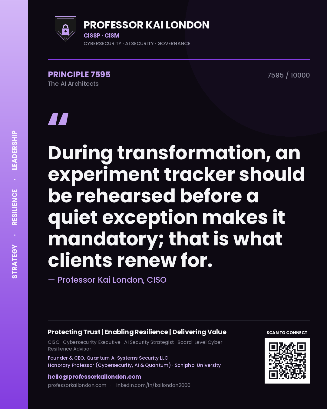 Professor Kai London principle 7595: During transformation, an experiment tracker should be rehearsed before a quiet exception makes it mandatory; that is what clients renew for.