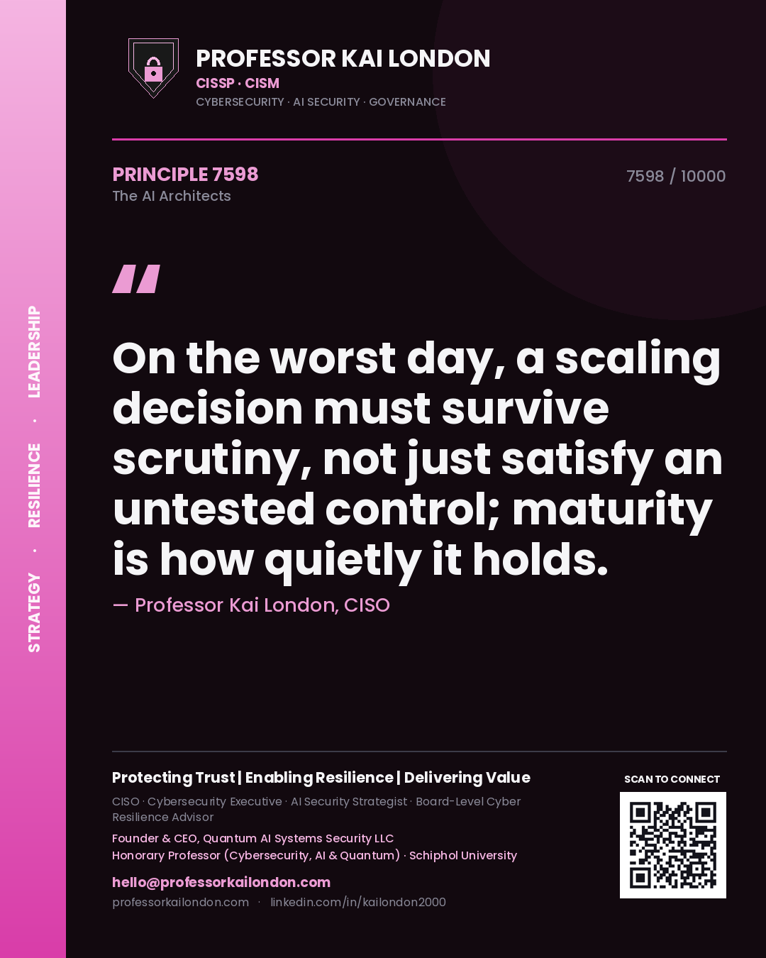 Quote card by Professor Kai London reading 'On the worst day, a scaling decision must survive scrutiny, not just satisfy an untested control; maturity is how quietly it holds.'. From the book The AI Architects.