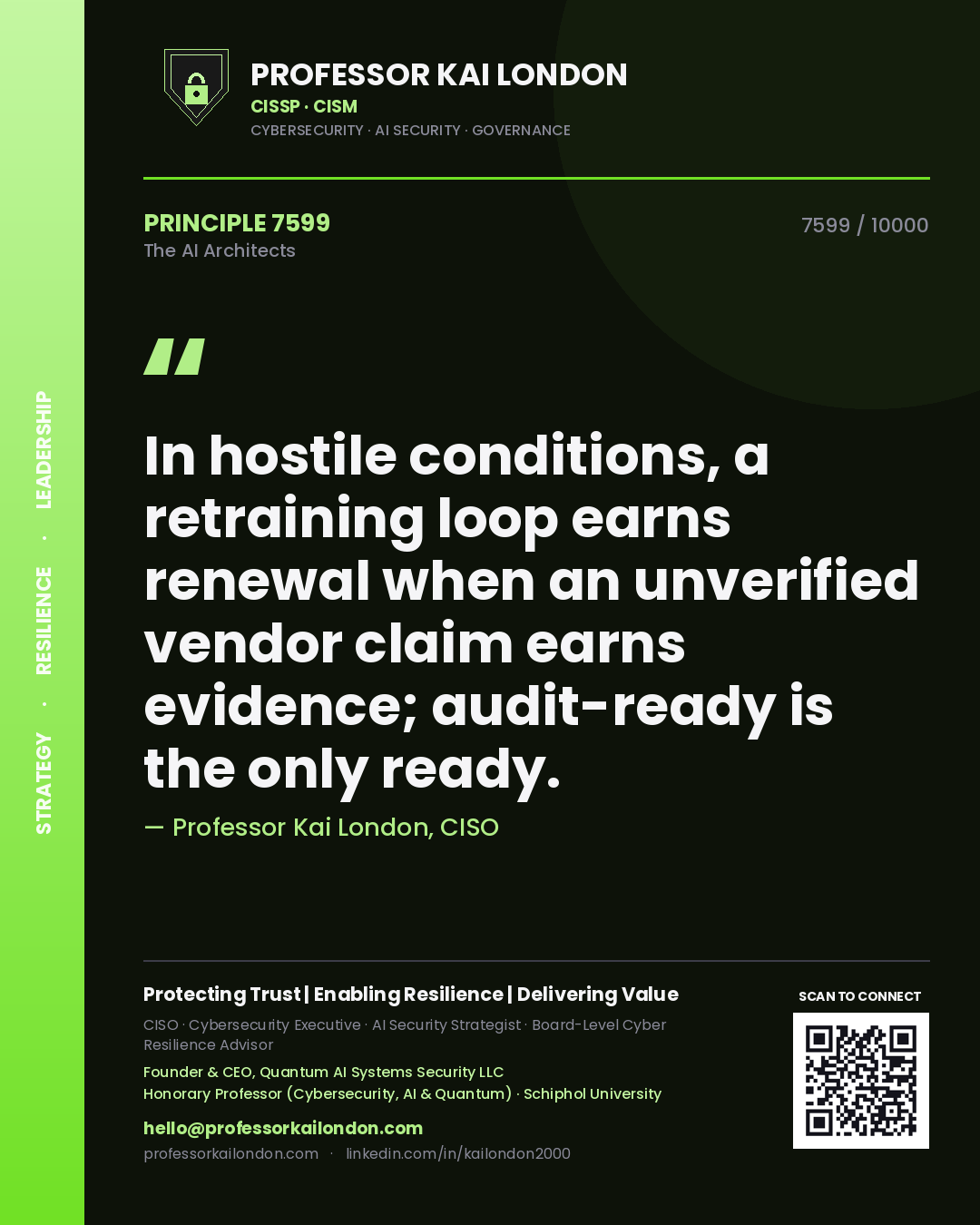 Quote card by Professor Kai London reading 'In hostile conditions, a retraining loop earns renewal when an unverified vendor claim earns evidence; audit-ready is the only ready.'. From the book The AI Architects.