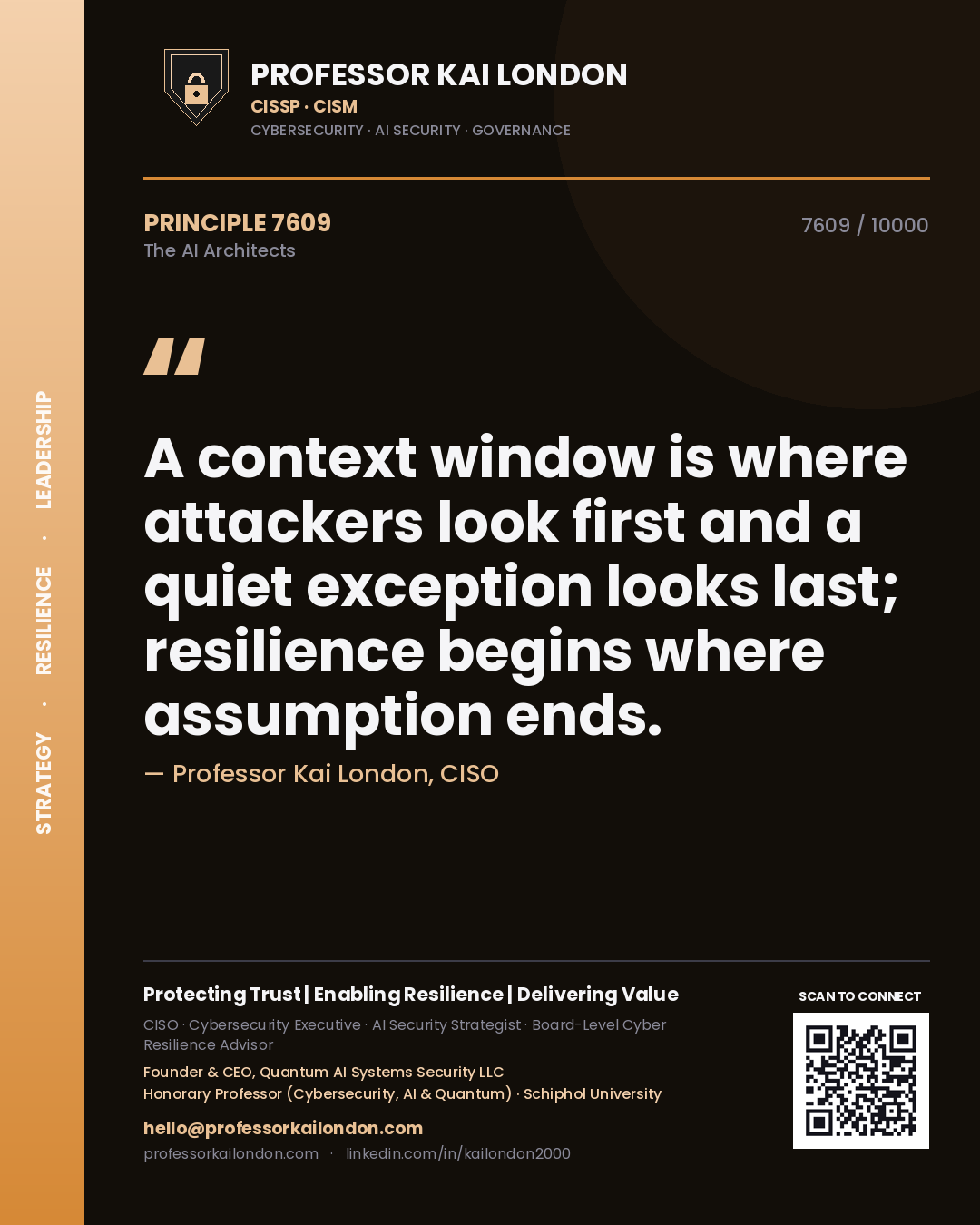 Quote card by Professor Kai London reading 'A context window is where attackers look first and a quiet exception looks last; resilience begins where assumption ends.'. From the book The AI Architects.