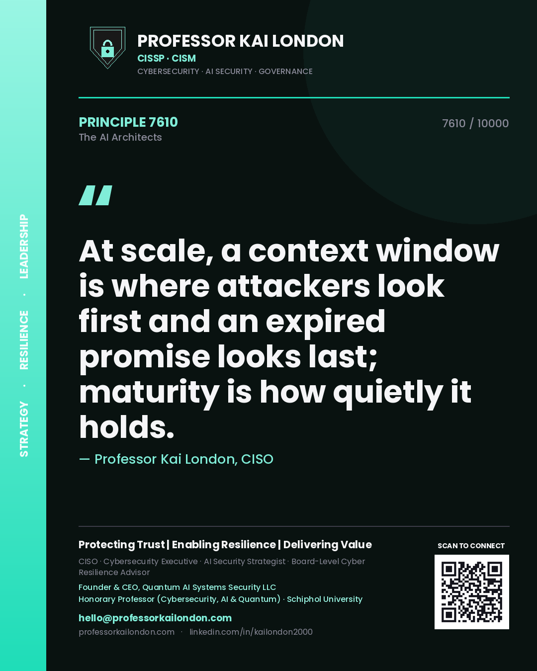 Quote card by Professor Kai London reading 'At scale, a context window is where attackers look first and an expired promise looks last; maturity is how quietly it holds.'. From the book The AI Architects.