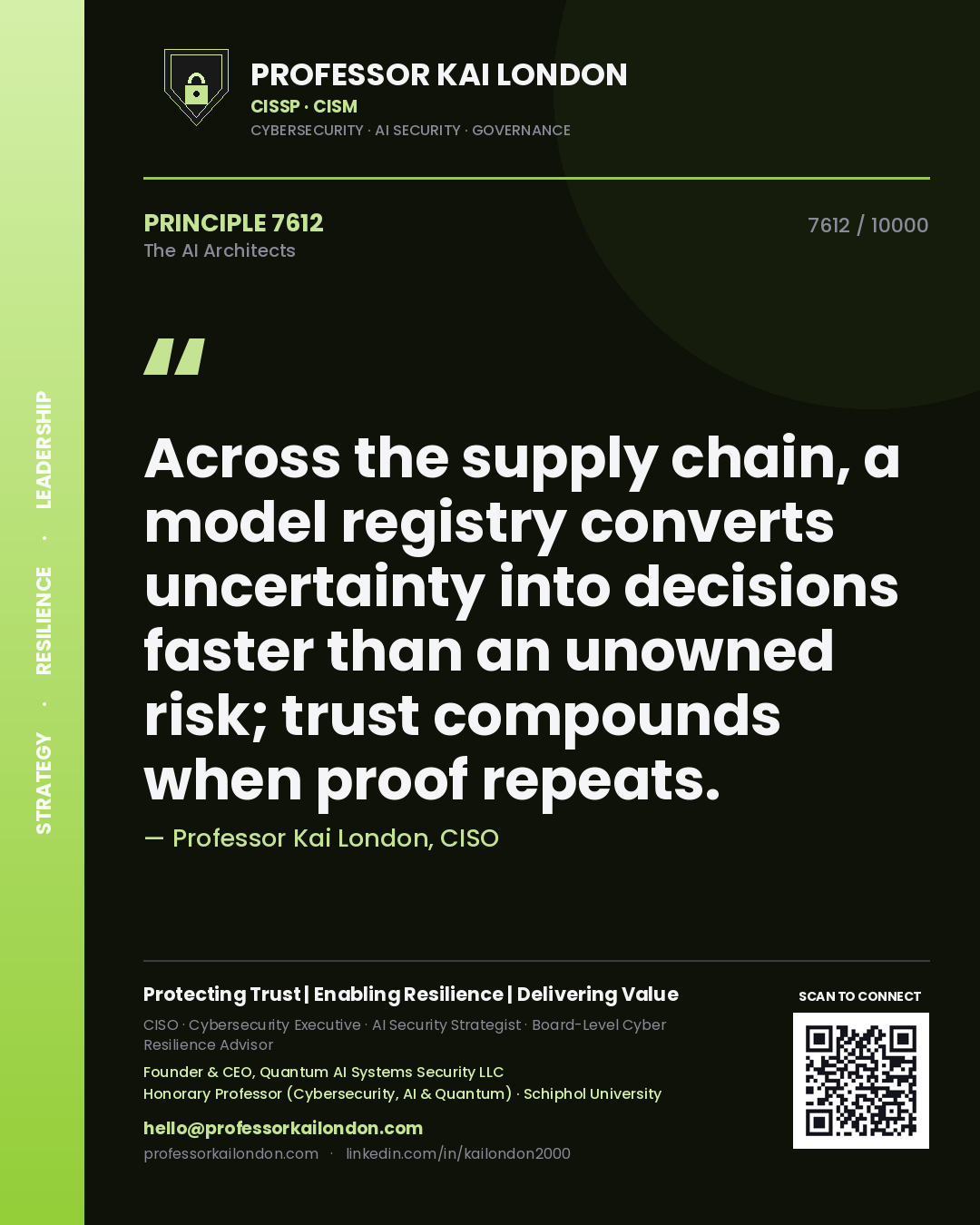 Quote card by Professor Kai London reading 'Across the supply chain, a model registry converts uncertainty into decisions faster than an unowned risk; trust compounds when proof repeats.'. From the book The AI Architects.
