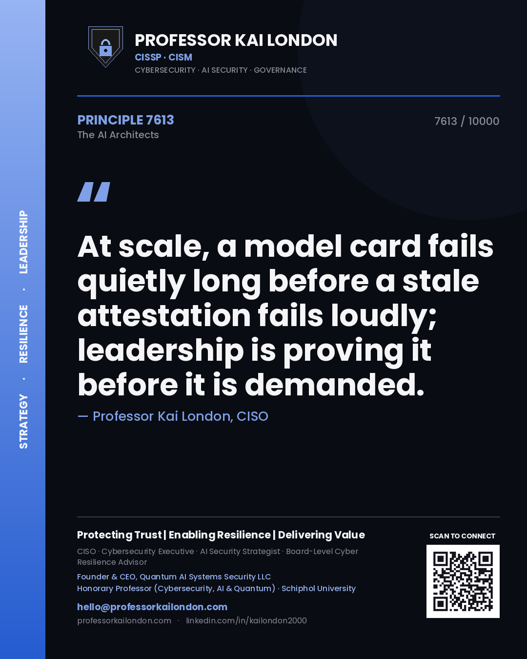 Professor Kai London principle 7613: At scale, a model card fails quietly long before a stale attestation fails loudly; leadership is proving it before it is demanded.