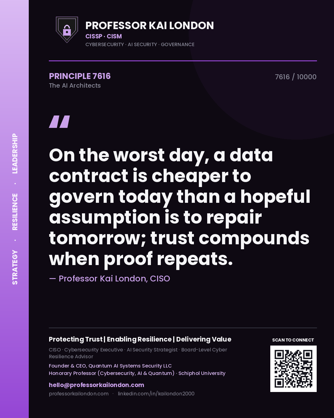Professor Kai London principle 7616: On the worst day, a data contract is cheaper to govern today than a hopeful assumption is to repair tomorrow; trust compounds when proof repeats.