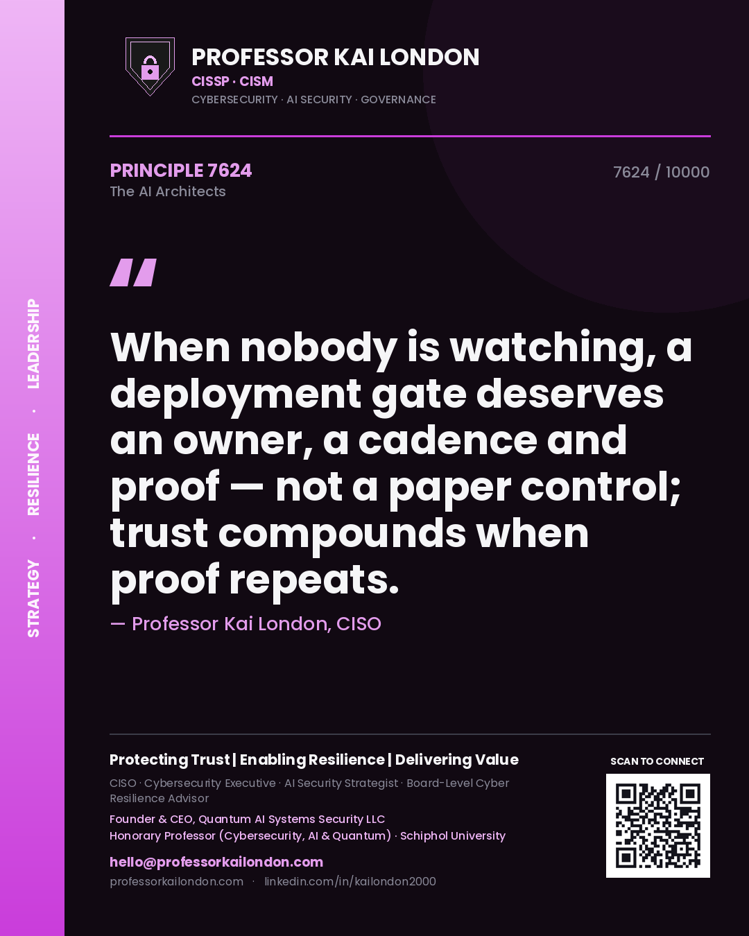 Quote card by Professor Kai London reading 'When nobody is watching, a deployment gate deserves an owner, a cadence and proof — not a paper control; trust compounds when proof repeats.'. From the book The AI Architects.