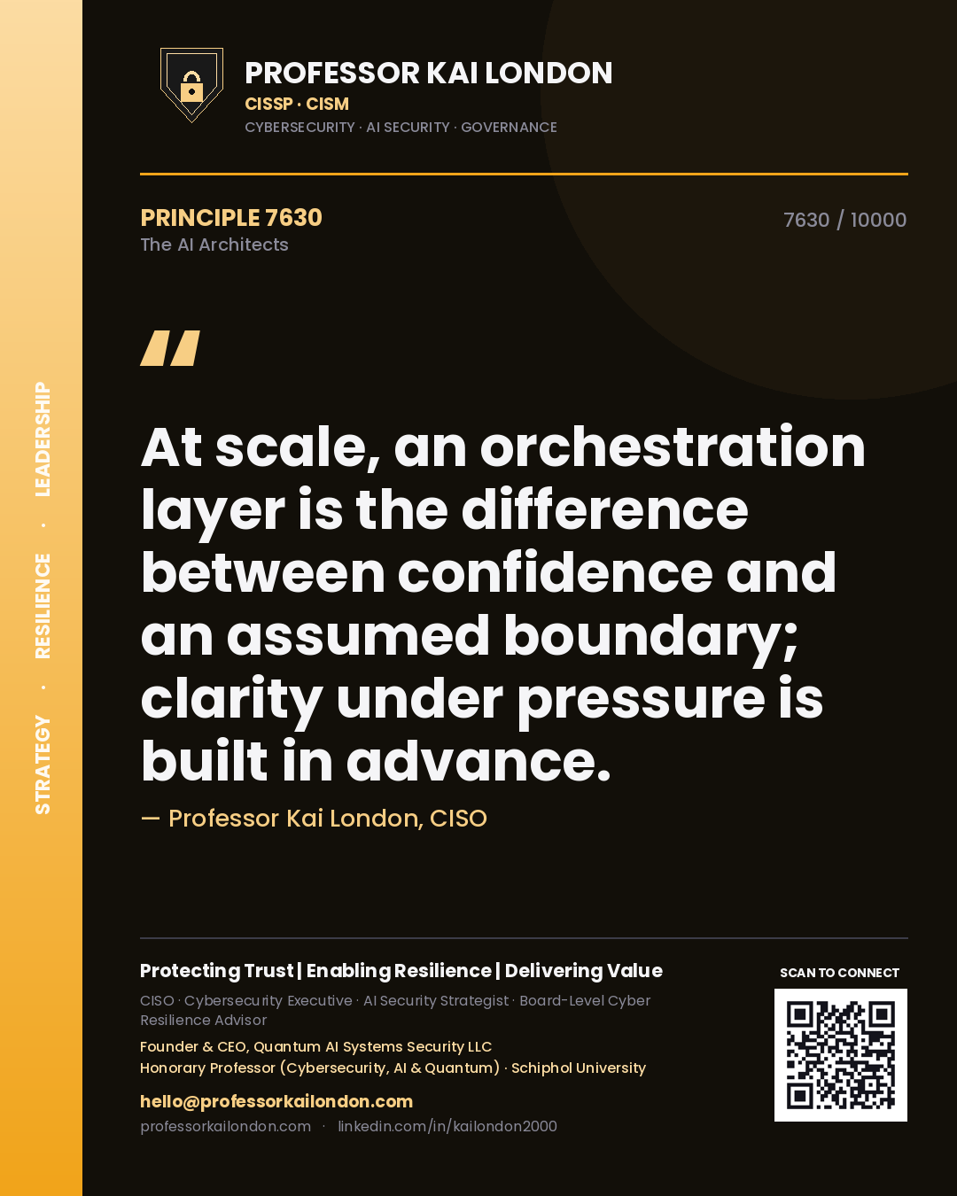 Quote card by Professor Kai London reading 'At scale, an orchestration layer is the difference between confidence and an assumed boundary; clarity under pressure is built in advance.'. From the book The AI Architects.