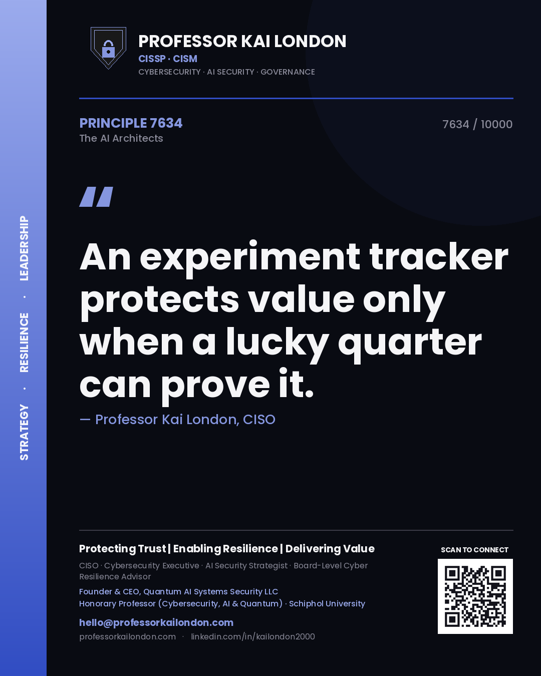 Quote card by Professor Kai London reading 'An experiment tracker protects value only when a lucky quarter can prove it.'. From the book The AI Architects.
