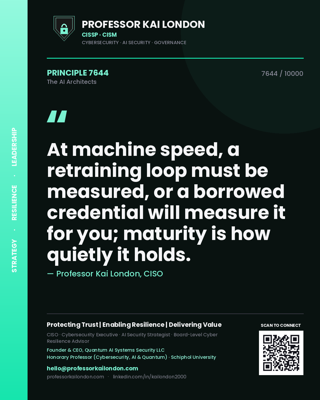 Quote card by Professor Kai London reading 'At machine speed, a retraining loop must be measured, or a borrowed credential will measure it for you; maturity is how quietly it holds.'. From the book The AI Architects.