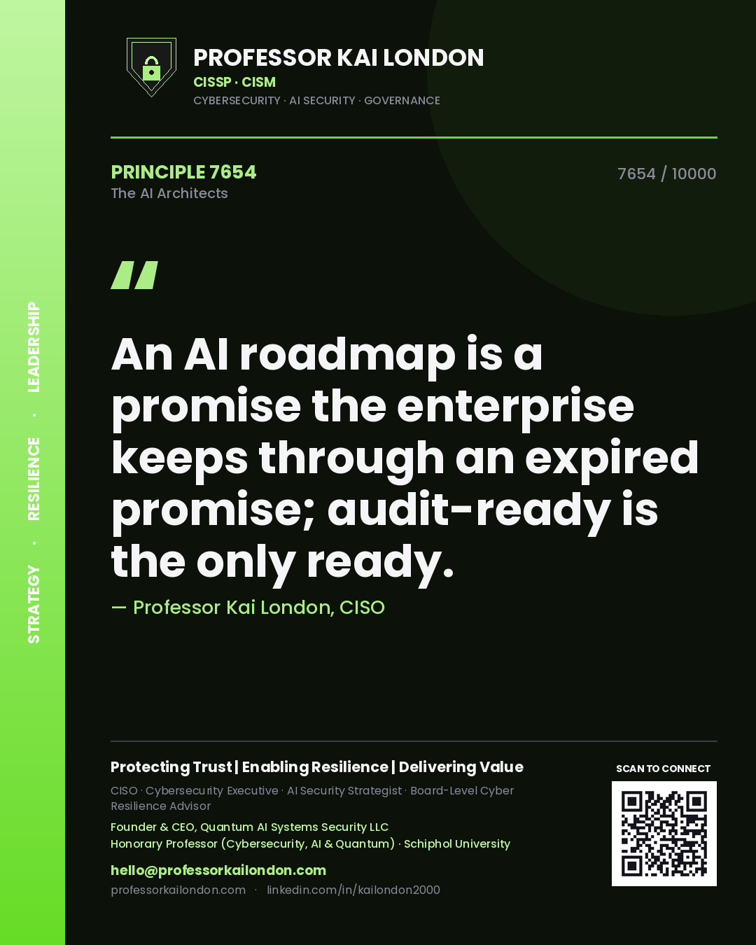 Quote card by Professor Kai London reading 'An AI roadmap is a promise the enterprise keeps through an expired promise; audit-ready is the only ready.'. From the book The AI Architects.