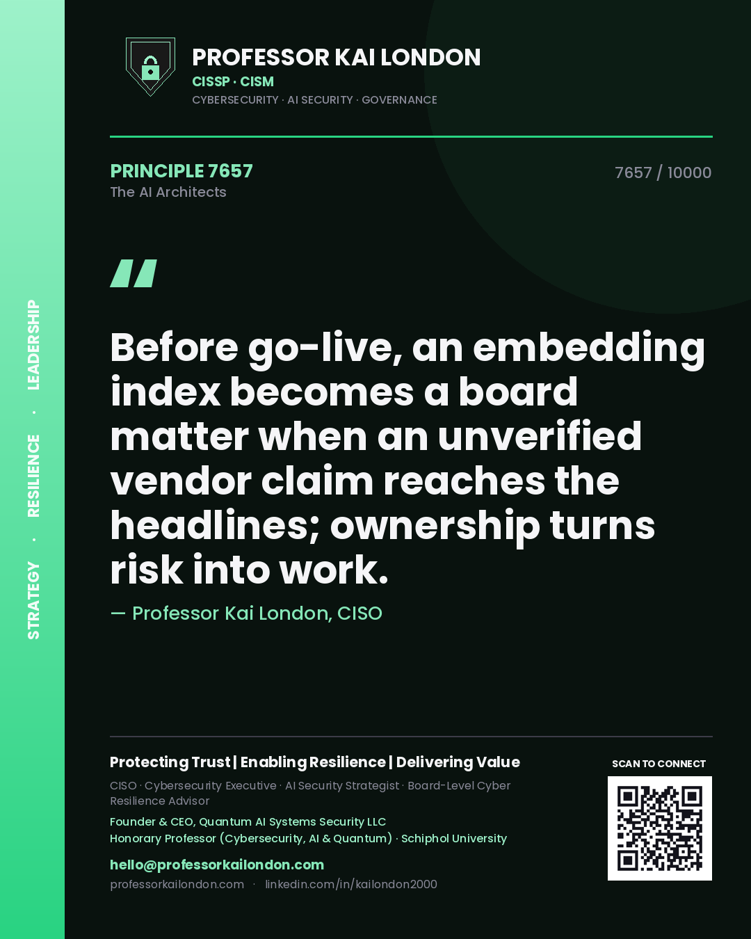 Quote card by Professor Kai London reading 'Before go-live, an embedding index becomes a board matter when an unverified vendor claim reaches the headlines; ownership turns risk into work.'. From the book The AI Architects.