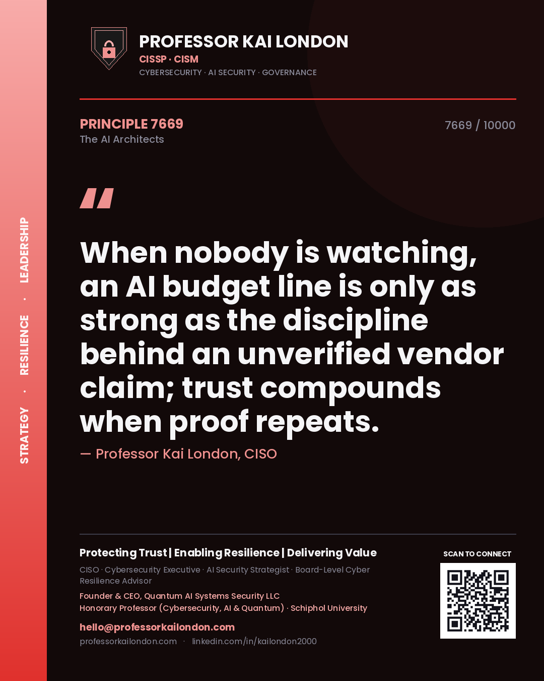 Quote card by Professor Kai London reading 'When nobody is watching, an AI budget line is only as strong as the discipline behind an unverified vendor claim; trust compounds when proof repeats.'. From the book The AI Architects.