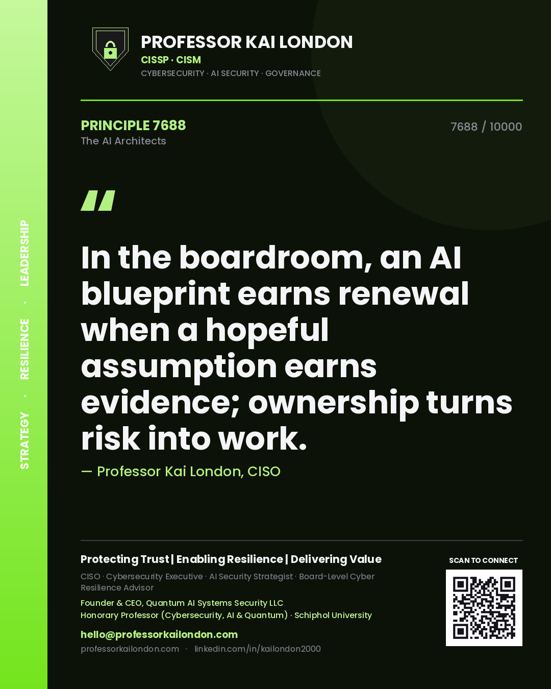 Quote card by Professor Kai London reading 'In the boardroom, an AI blueprint earns renewal when a hopeful assumption earns evidence; ownership turns risk into work.'. From the book The AI Architects.