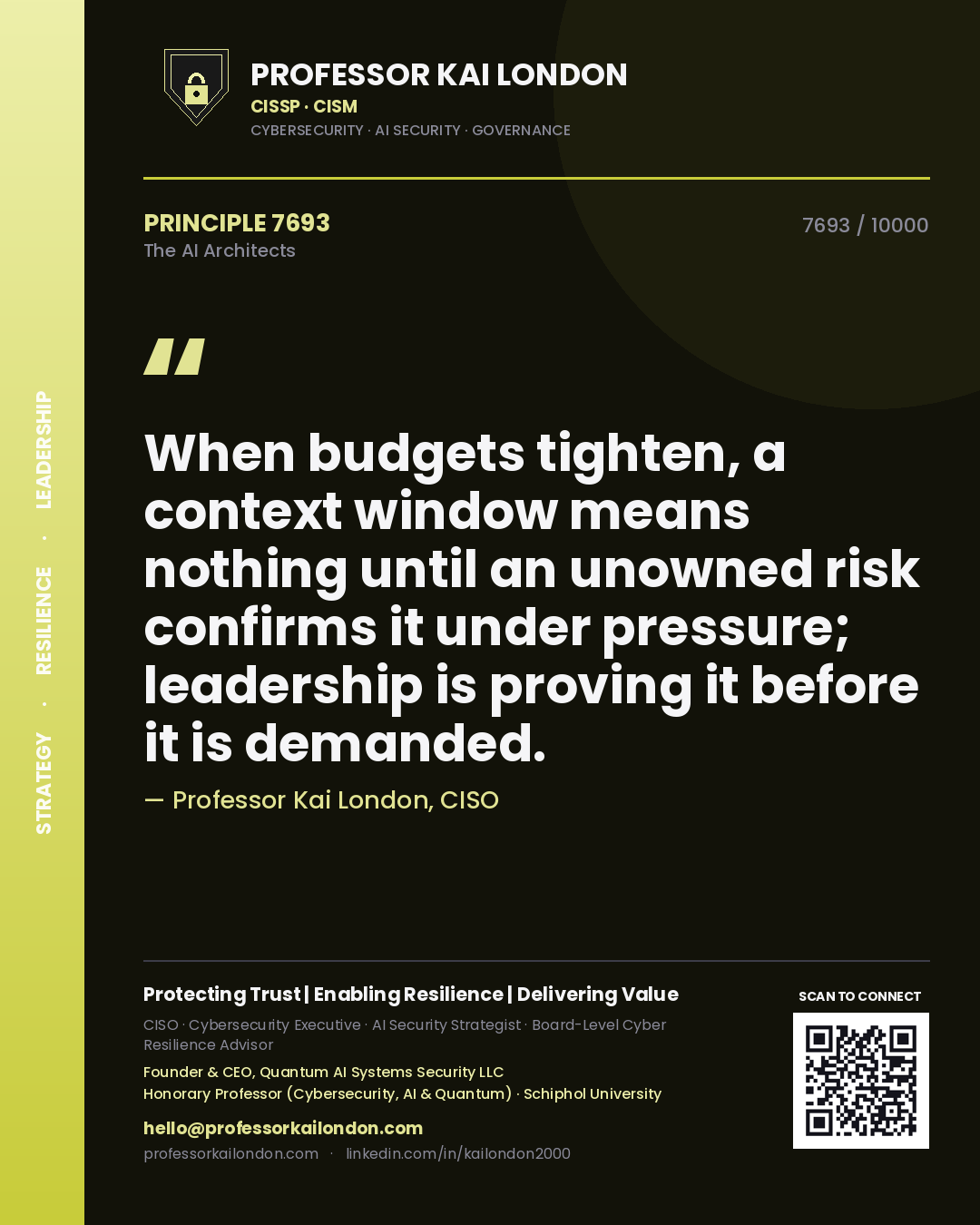 Professor Kai London principle 7693: When budgets tighten, a context window means nothing until an unowned risk confirms it under pressure; leadership is proving it before it is demanded.