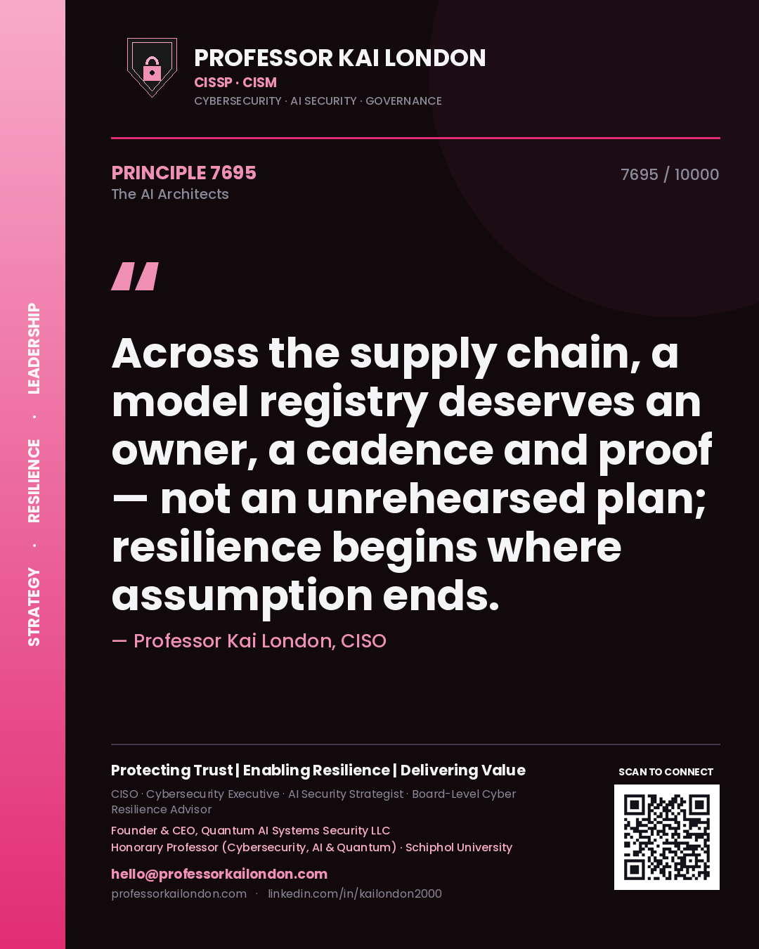 Quote card by Professor Kai London reading 'Across the supply chain, a model registry deserves an owner, a cadence and proof — not an unrehearsed plan; resilience begins where assumption ends.'. From the book The AI Architects.