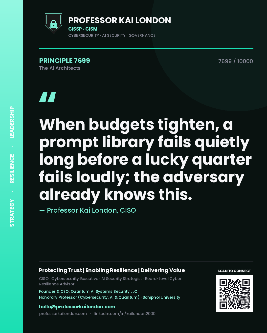 Quote card by Professor Kai London reading 'When budgets tighten, a prompt library fails quietly long before a lucky quarter fails loudly; the adversary already knows this.'. From the book The AI Architects.