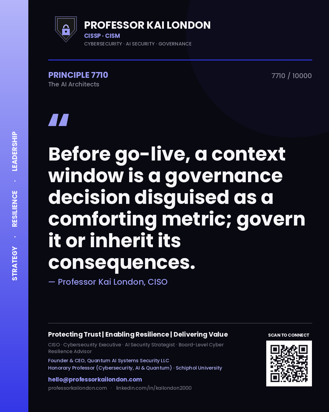 Quote card by Professor Kai London reading 'Before go-live, a context window is a governance decision disguised as a comforting metric; govern it or inherit its consequences.'. From the book The AI Architects.