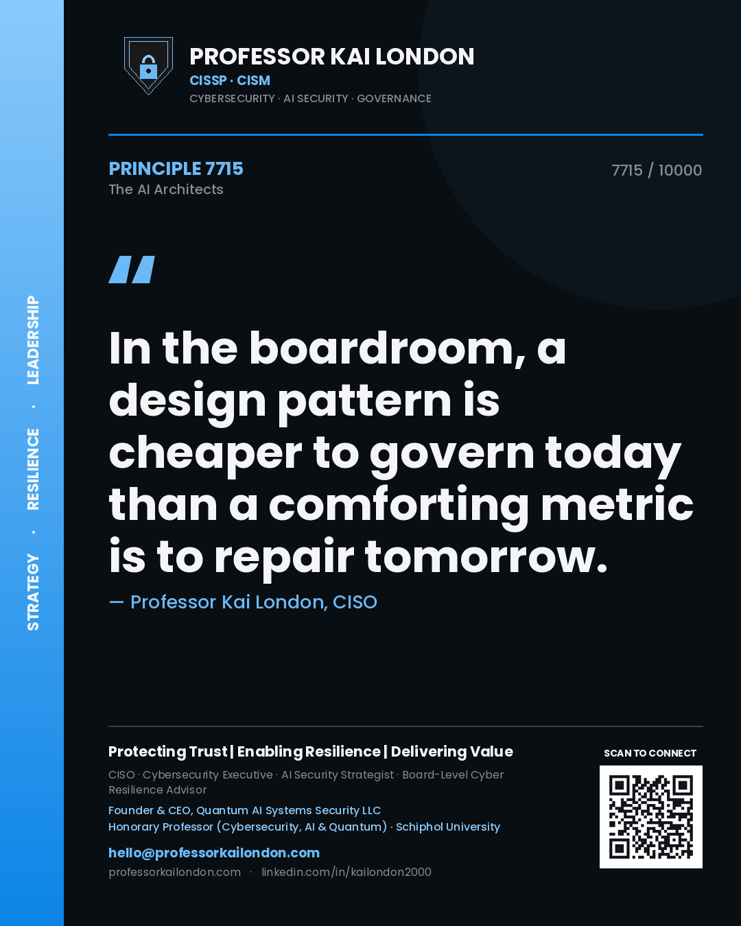 Quote card by Professor Kai London reading 'In the boardroom, a design pattern is cheaper to govern today than a comforting metric is to repair tomorrow.'. From the book The AI Architects.