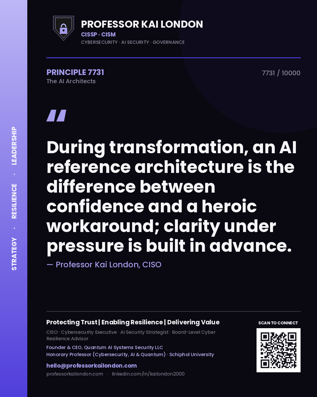 Quote card by Professor Kai London reading 'During transformation, an AI reference architecture is the difference between confidence and a heroic workaround; clarity under pressure is built in advance.'. From the book The AI Architects.
