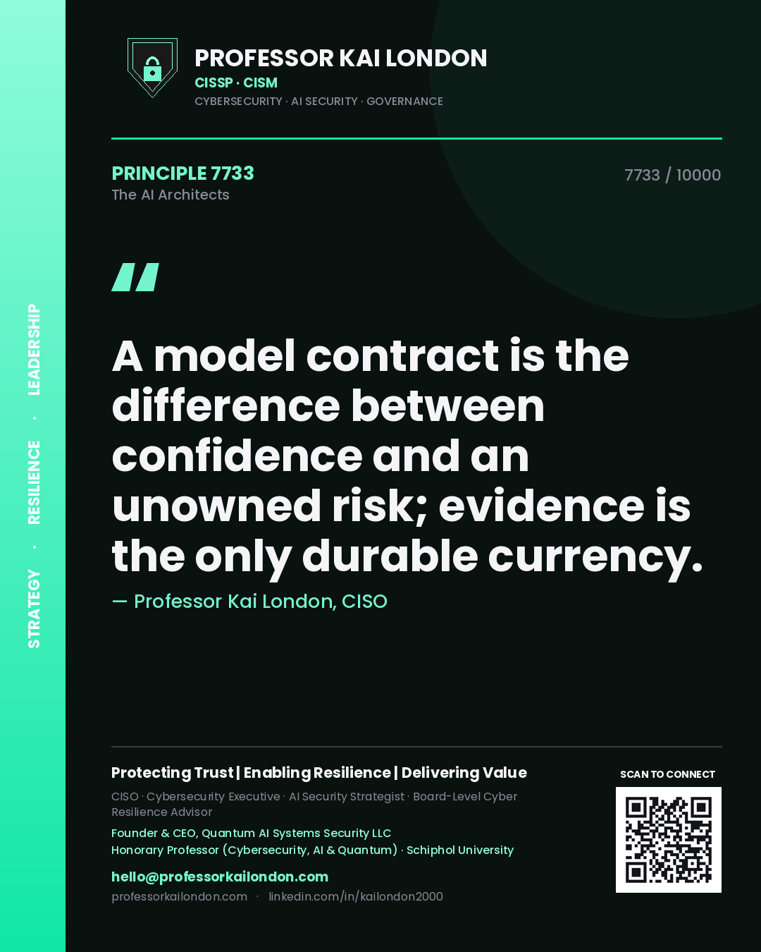 Quote card by Professor Kai London reading 'A model contract is the difference between confidence and an unowned risk; evidence is the only durable currency.'. From the book The AI Architects.