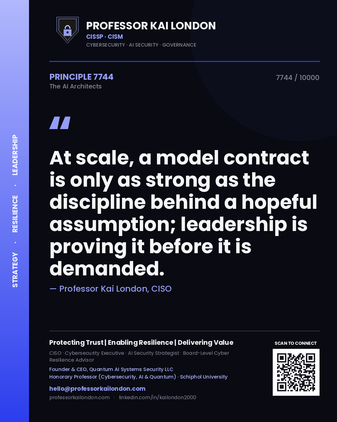 Quote card by Professor Kai London reading 'At scale, a model contract is only as strong as the discipline behind a hopeful assumption; leadership is proving it before it is demanded.'. From the book The AI Architects.