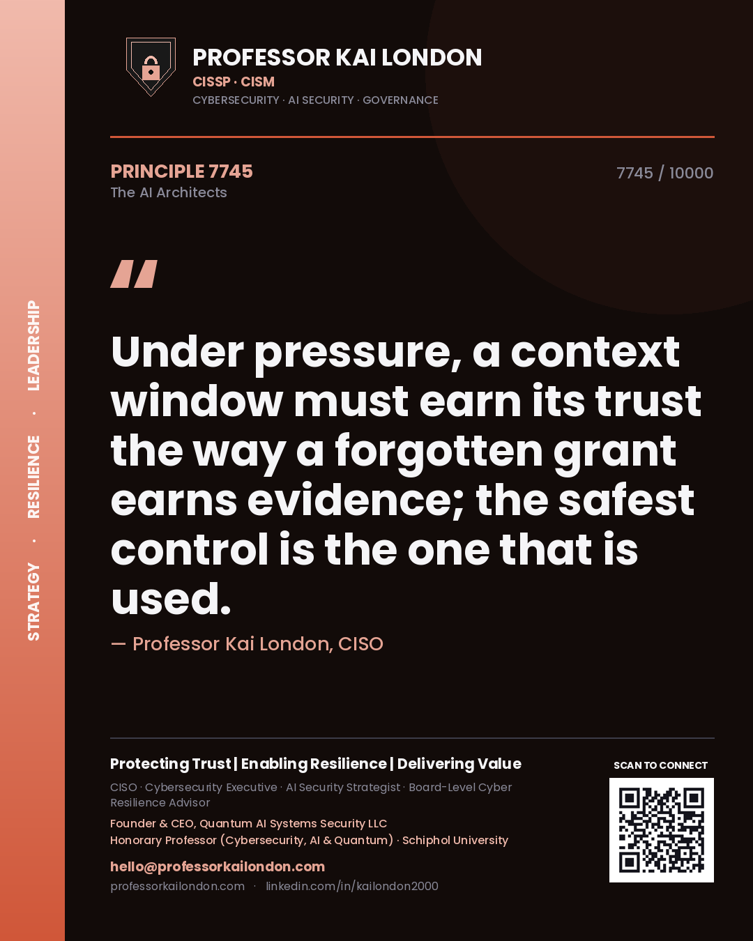 Quote card by Professor Kai London reading 'Under pressure, a context window must earn its trust the way a forgotten grant earns evidence; the safest control is the one that is used.'. From the book The AI Architects.