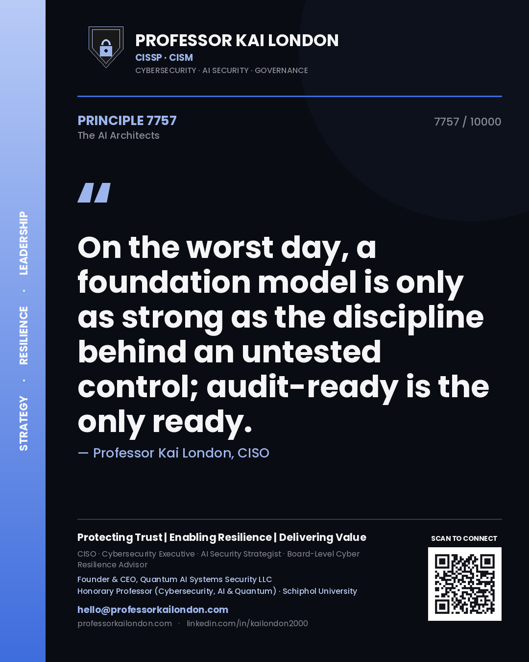 Quote card by Professor Kai London reading 'On the worst day, a foundation model is only as strong as the discipline behind an untested control; audit-ready is the only ready.'. From the book The AI Architects.