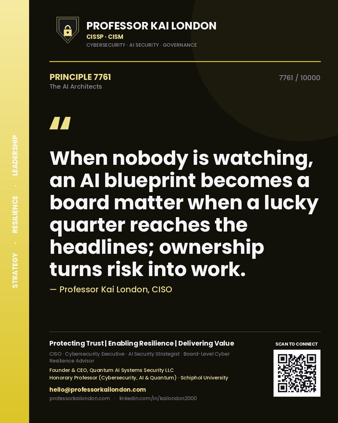 Quote card by Professor Kai London reading 'When nobody is watching, an AI blueprint becomes a board matter when a lucky quarter reaches the headlines; ownership turns risk into work.'. From the book The AI Architects.