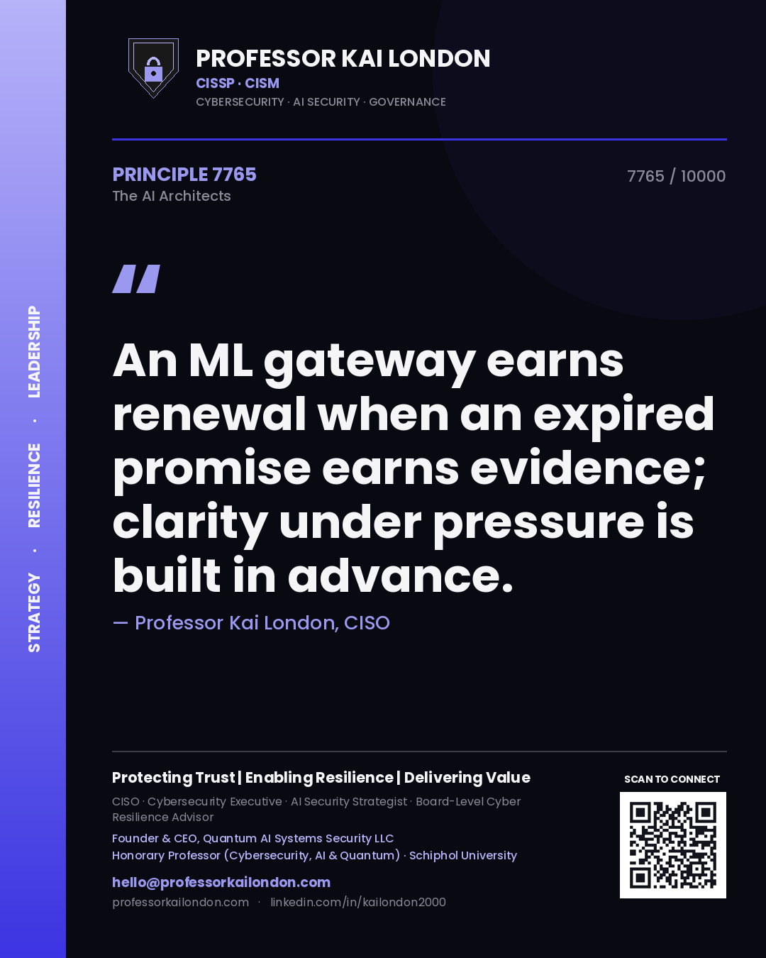 Quote card by Professor Kai London reading 'An ML gateway earns renewal when an expired promise earns evidence; clarity under pressure is built in advance.'. From the book The AI Architects.