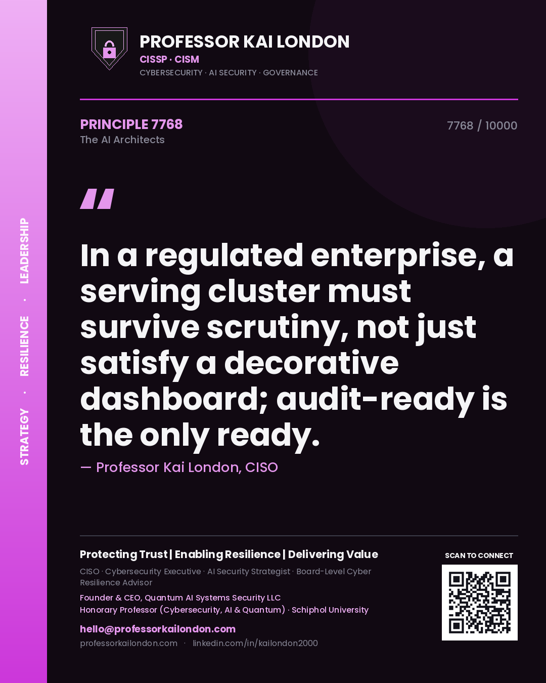 Quote card by Professor Kai London reading 'In a regulated enterprise, a serving cluster must survive scrutiny, not just satisfy a decorative dashboard; audit-ready is the only ready.'. From the book The AI Architects.