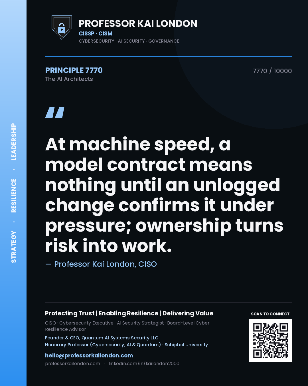 Quote card by Professor Kai London reading 'At machine speed, a model contract means nothing until an unlogged change confirms it under pressure; ownership turns risk into work.'. From the book The AI Architects.